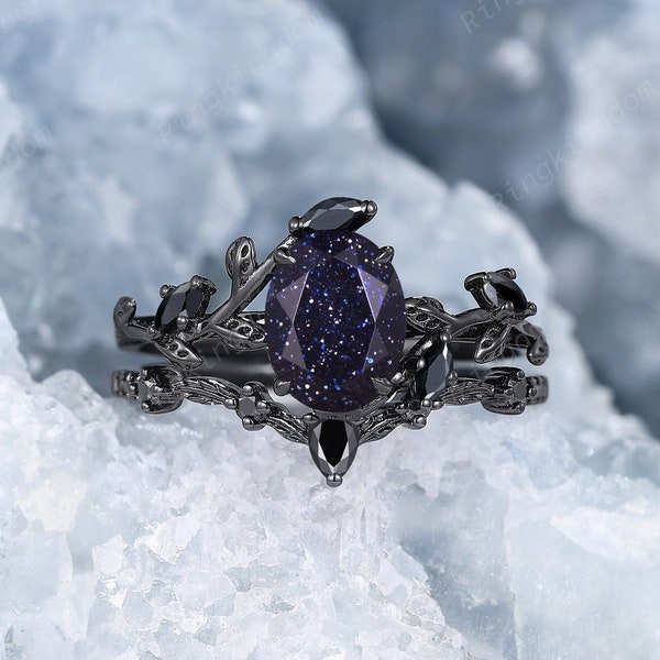 Gothic Orion Nebula Blue Sandstone Bridal Set Rhodium Black Gold Oval Cut Goldstone Engagement Ring Set Black Moissanite Witchy Promise Ring