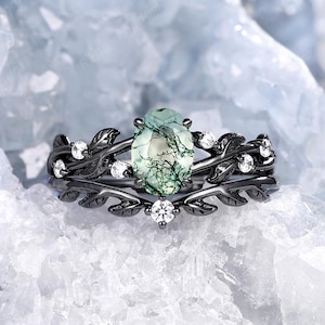 Gothic Oval Cut Moss Agate Bridal Set, 14K Black Gold Nature Inspired Engagement Ring Set, Branch Leaf Witchy Promise Ring Anniversary Gift
