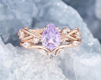 Ensemble nuptiale améthyste lavande taille poire naturelle, ensemble de bagues de fiançailles améthyste elfique en or rose 14 carats, bague de promesse branche de brindille avec pierre de naissance de février