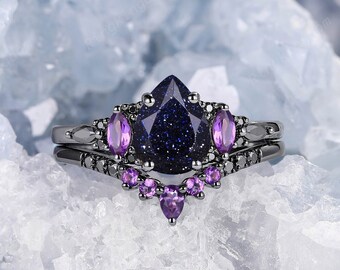 Gothic Pear Cut Nebula Blue Sandstone Bridal Set Rhodium Black Gold Blue Goldstone Engagement Ring Set Vintage Amethyst Promise Wedding Ring
