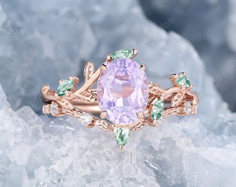 Vintage Oval Natural Lavender Amethyst Bridal Set Moss Agate Elvish Engagement Ring Set 14K Rose Gold Twig Leaf Promise Wedding Ring for Her