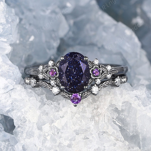 Rhodium Black Gold Blue Sandstone Bridal Set,Gothic Orion Nebula Pear Cut Goldstone Engagement Ring Set,Hip Hop Witchy Amethyst Promise Ring