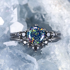 Unique Round Shape Black Fire Opal Engagement Ring Set, Rhodium Black Opal Wedding Set, Gothic Black Moissanite Multi Fire Opal Bridal Set