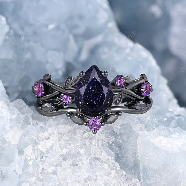 Gothic Orion Nebula Blue Sandstone Bridal Set, Rhodium Black Gold Pear Blue Goldstone Engagement Ring Set,Black Witchy Amethyst Promise Ring