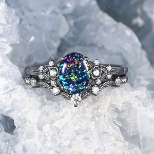 Gothic Oval Black Fire Opal Engagement Ring Set, Rhodium Black Gold Natural Floral Bridal Set,October Birthstone Witchy Promise Ring for Her