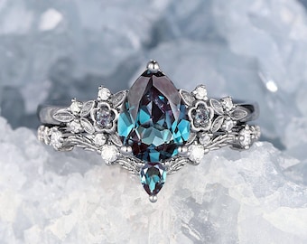Unique Pear Shape Alexandrite Engagement Ring Set, Rhodium Black Gold Floral Alexandrite Promise Ring, Alexandrite Bridal Set Wedding Ring