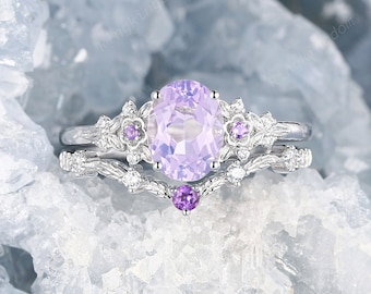 Natural Oval Elvish Lavender Amethyst Bridal Set, Platinum Violet Amethyst Engagement Ring Set, Floral February Birthstone Promise Ring Gift
