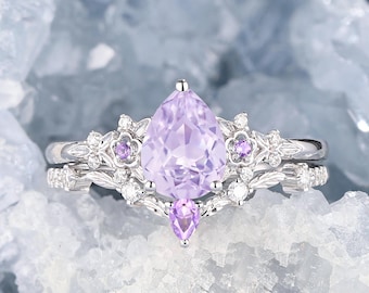 Pear Cut Natural Lavender Amethyst Bridal Set,Platinum Elvish Amethyst Engagement Ring Set,Nature Inspired February Birthstone Promise Ring