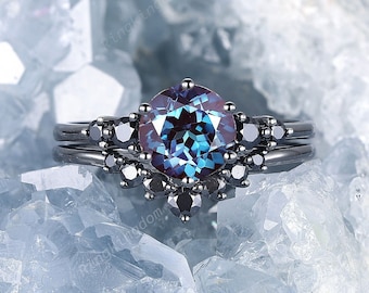 Black Gold Round Shape Alexandrite Engagement Ring Set, Rhodium Black Alexandrite Wedding Set, Unique Black Moissanite Halo Bridal Set Gift