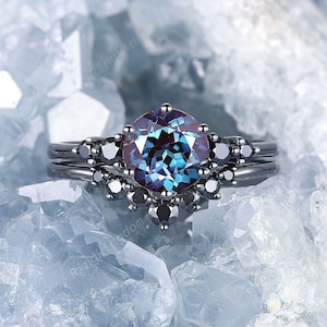 Black Gold Round Shape Alexandrite Engagement Ring Set, Rhodium Black Alexandrite Wedding Set, Unique Black Moissanite Halo Bridal Set Gift