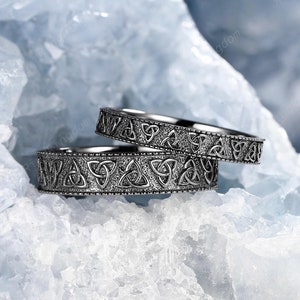 Celtic Knot Couples Promise Ring Set Norse Viking Gothic His and Hers Wedding Band Rhodium Black Gold Witchy Women Men&#39;s Engagement Ring Set