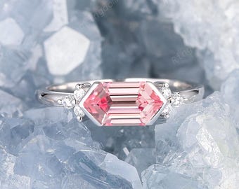 Long Hexagon Cut Padparadscha Pink Sapphire Engagement Ring White Gold Half Bezel Wedding Ring Vintage Birthstone Promise Ring Platinum Ring