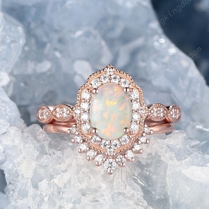 Natural White Fire Opal Engagement Ring, 14K Rose Gold Oval Shape Opal Wedding Ring Set, Australia Opal Halo Promise Ring Bridal Set Gift