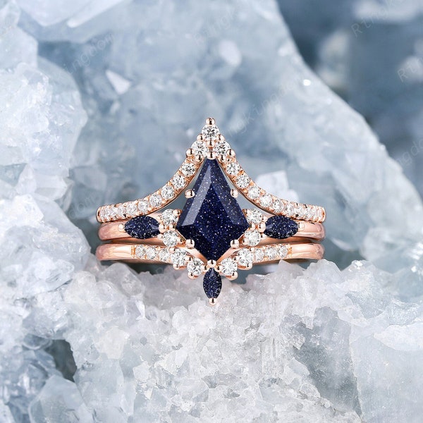 Orion Nebula Blue Sandstone Bridal Set, 3PCS Kite Cut Blue Goldstone Engagement Ring Set, 14K Rose Gold Vintage Promise Wedding Ring for Her