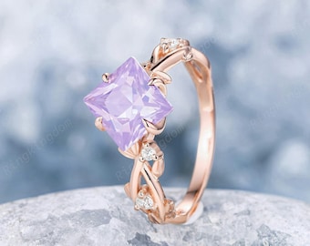 Lavender Amethyst and Diamond Engagement Ring 14K Rose Gold Princess Violet Amethyst Wedding Ring Vine Leaf February Birthstone Promise Ring