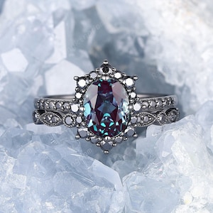 Black Gold Oval Shape Alexandrite Engagement Ring Set, Rhodium Black Alexandrite Wedding Set, Unique Black Moissanite Halo Bridal Set Gift
