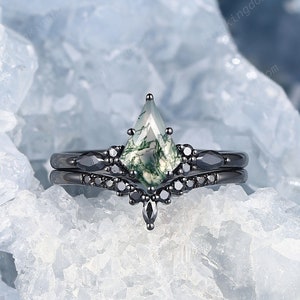 Gothic Kite Shape Moss Agate Black Engagement Ring Set, Rhodium Black Gold Gothic Moss Agate Promise Ring, Black Bridal Set Anniversary Ring