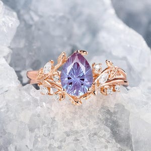 Pear Shape Firework Cut Alexandrite Engagement Ring Set, 14K Rose Gold Twig Leaf Bridal Set, June Birthstone Wedding Promise Ring for Women