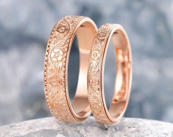 Birth Flower His and Hers Wedding Band Nature Inspired Leaf Couples Promise Ring Set 14K Rose Gold Floral Milgrain Women's Man's Bridal Set