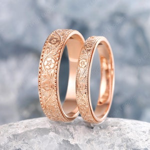 Birth Flower His and Hers Wedding Band Nature Inspired Leaf Couples Promise Ring Set 14K Rose Gold Floral Milgrain Women&#39;s Man&#39;s Bridal Set