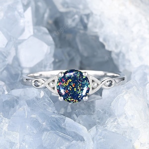 Round Shape Black Fire Opal Engagement Ring, White Gold Black Opal Wedding Ring, Unique Multi Fire Opal Promise Anniversary Ring for women