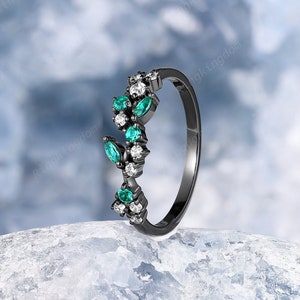 Gothic Marquise Cut Emerald Wedding Band, May Birthstone Matching Engagement Band, Rhodium Black Gold Punk Witchy Anniversary Ring for Women