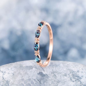 Marquise Cut Alexandrite Wedding Band, Milgrain June Birthstone Promise Matching Band, 14K Rose Gold Engagement Anniversary Band for Women