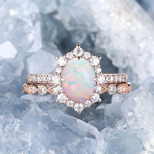 Oval Shape White Fire Opal Engagement Ring, Unique Rose Gold Opal Halo Wedding Ring Set, Opal Floral Anniversary Promise Ring Gift for women