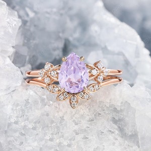 Nature Inspired Lavender Amethyst Bridal Set 14K Rose Gold Twig Leaf Floral Elven Engagement Ring Pear Cut Violet Amethyst Promise Ring Gift