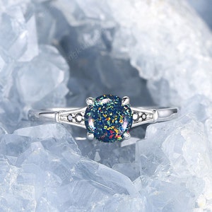 Black Fire Opal Engagement Ring, White Gold Opal and Black Moissanite Wedding Ring, Round Shape Multi Fire Opal Promise Ring Gift for Women