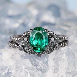 Gothic Black Gold Oval Cut Emerald Engagement Ring Set, Rhodium Black Emerald Wedding Ring, Unique Black Moissanite Witchy Bridal Set Gift