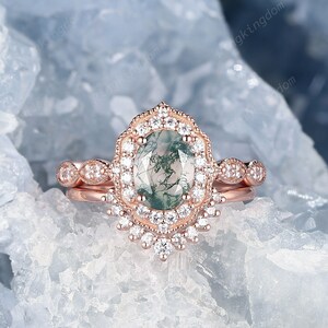 Vintage Moss Agate Ring, 14K Rose Gold Oval Shape Moss Agate Engagement Ring, Green Agate Halo Anniversary Promise Ring Set Gift for women