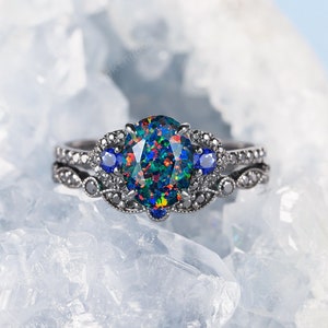 Oval Facet Black Fire Opal Gothic Bridal Set,Rhodium Black Gold Blue Sapphire Punk Engagement Ring Set,Hip Hop Witchy Promise Ring for Women
