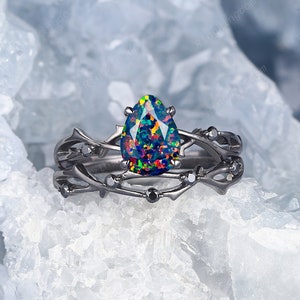 Gothic Pear Facet Black Fire Opal Bridal Set, Rhodium Black Gold Hip Hop Engagement Ring Set, Black Moissanite Witchy Promise Ring for Her