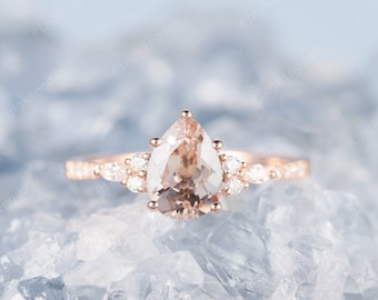 Vintage Pear Morganite and Diamond Engagement Ring, Teardrop Pink Morganite Promise Ring,14K Rose Gold or Platinum Morganite Wedding Ring