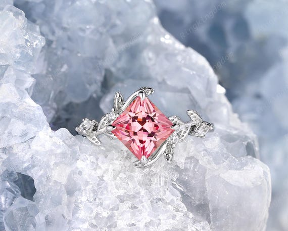Princess Cut Padparadscha Pink Sapphire Engagement Ring 14K White
