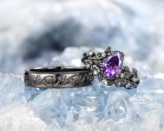 Pear Cut Natural Amethyst His and Hers Wedding Band Rhodium Black