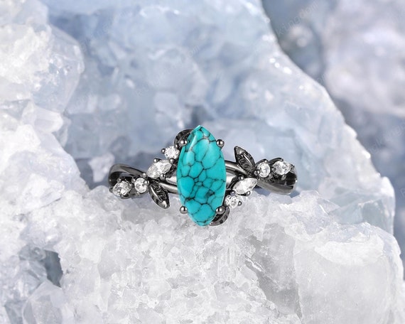 Marquise Cut Western Turquoise Engagement Ring Gothic Natural Blue