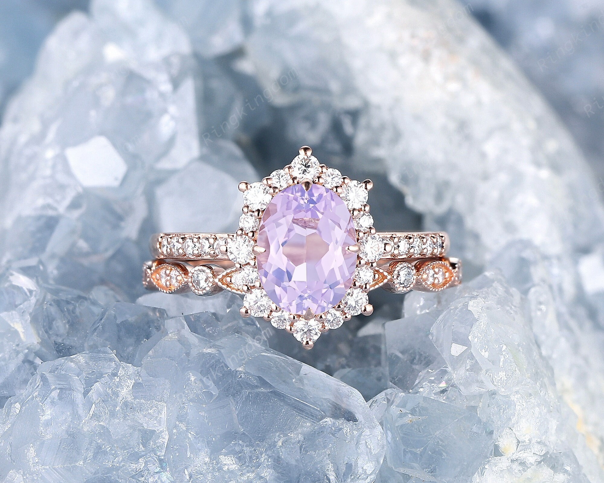 Natural Oval Lavender Amethyst Bridal Set 14K Rose Gold Halo Moissanite Engagement Ring Set February Birthstone Half Eternity Wedding Ring