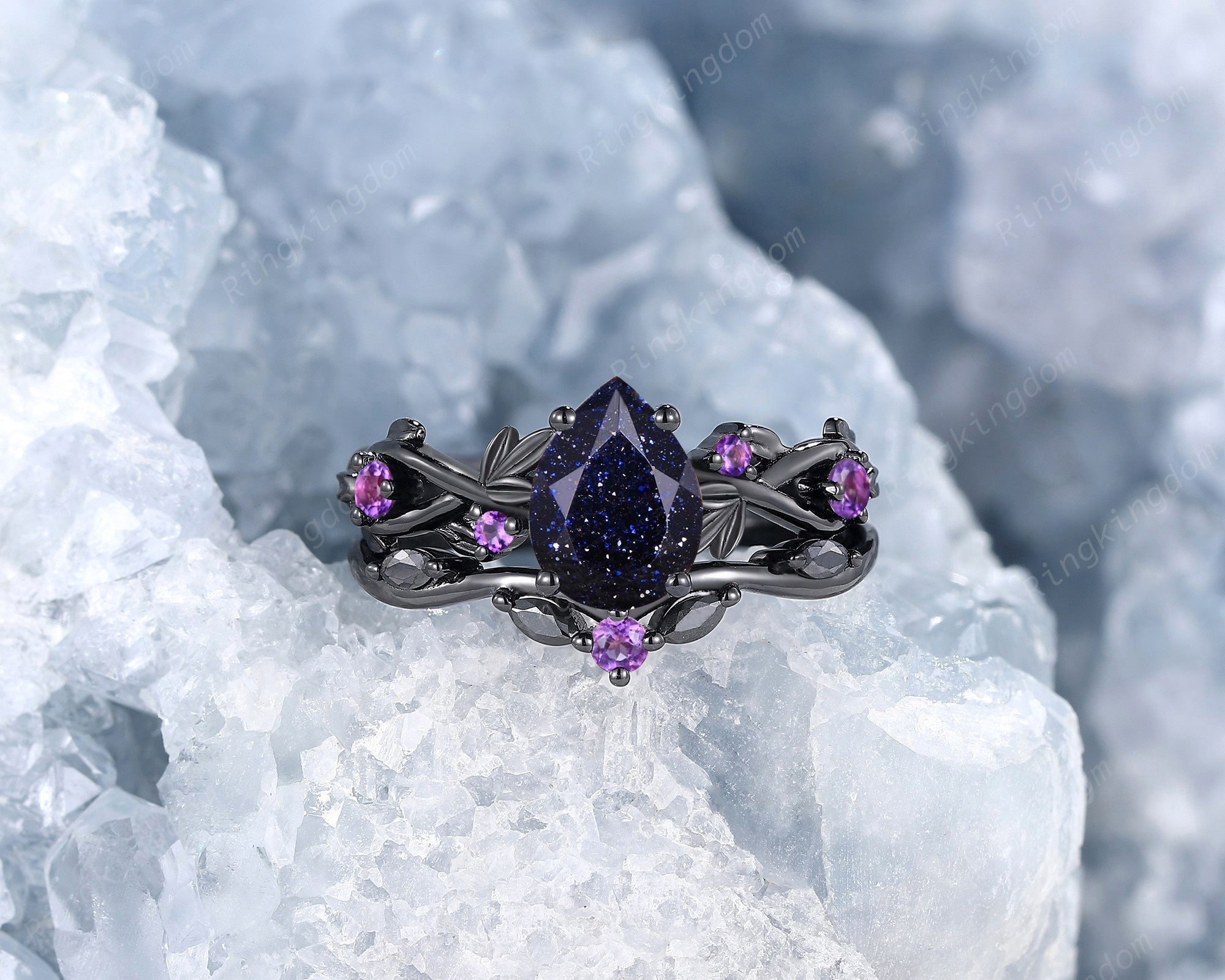 Gothic Orion Nebula Blue Sandstone Bridal Set, Rhodium Black Gold