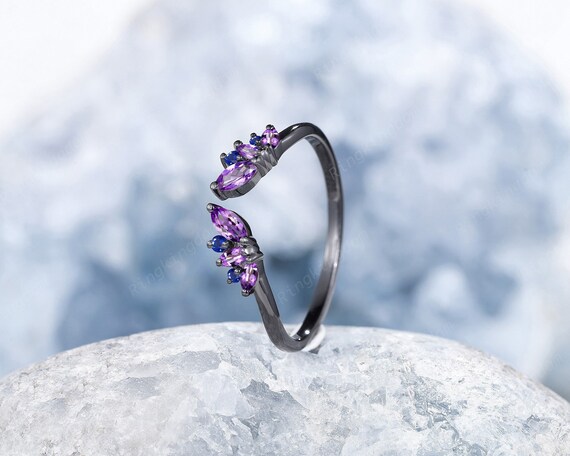 Gothic Marquise Cut Amethyst Wedding Band,Blue Sapphire Open Gap Engagement Band,Rhodium Black Gold Witchy Anniversary Ring Enhancer for Her