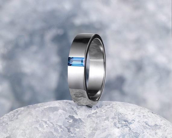 Baguette Cut Alexandrite Platinum Wedding Band, 14K White Gold Plain Men's Promise Band, 5mm Smooth Engagement Band Anniversary Gift for Him