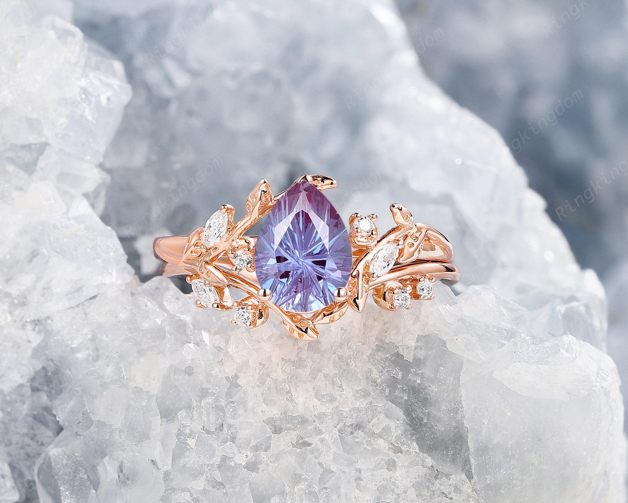 Pear Shape Fireworks Alexandrite Engagement Ring Set, 14K Rose
