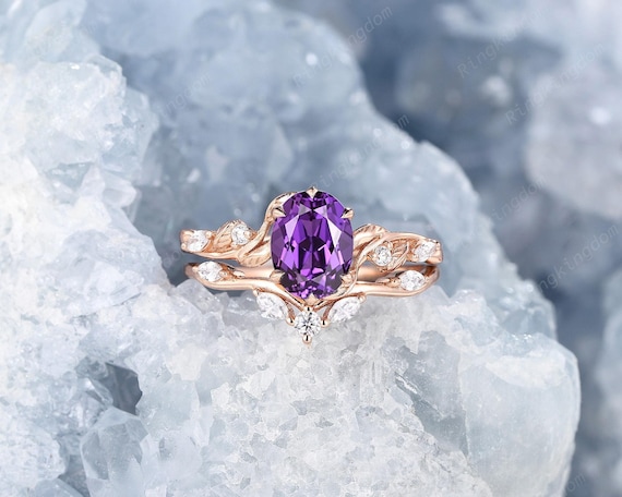 Oval Cut Purple Sapphire Engagement Ring Set 14K Rose Gold Violet