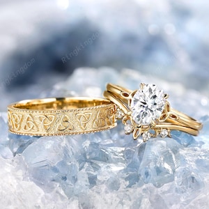 Oval Cut Moissanite Couple Promise Ring Set 18K Yellow Gold Celtic Knot His and Hers Wedding Band Platinum Crescent Engagement Bridal Ring