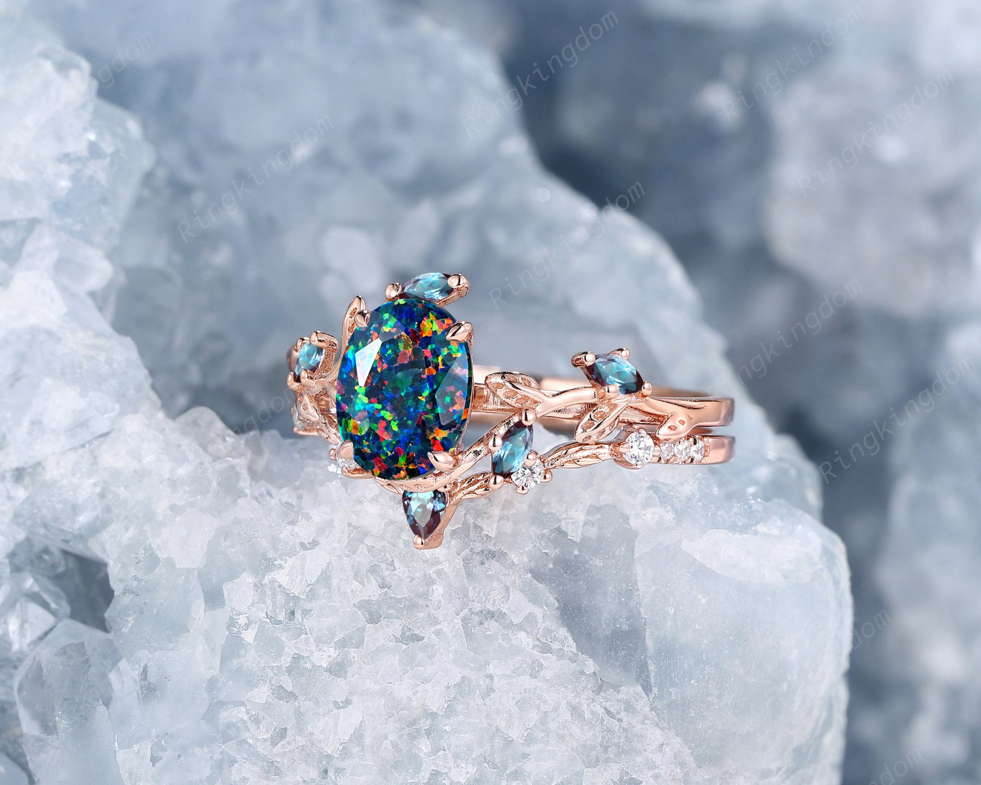 Oval Cut Black Fire Opal Bridal Set, Vintage Faceted Black Opal