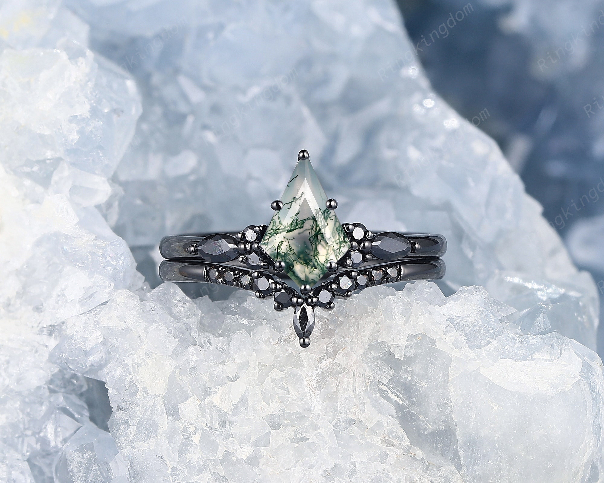 Gothic Kite Shape Moss Agate Black Engagement Ring Set, Rhodium