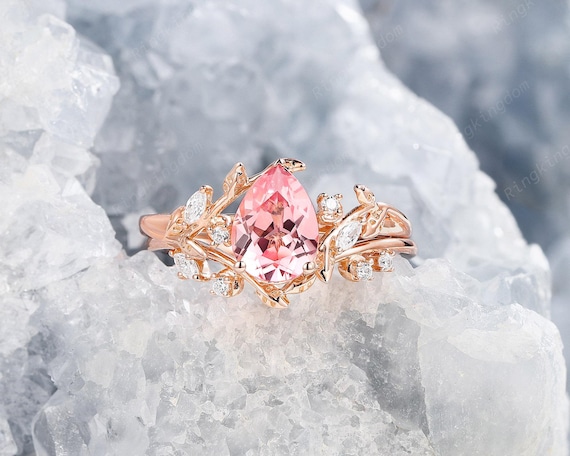 Padparadscha Pink Sapphire and Diamond Bridal Set, Rose Gold Peach