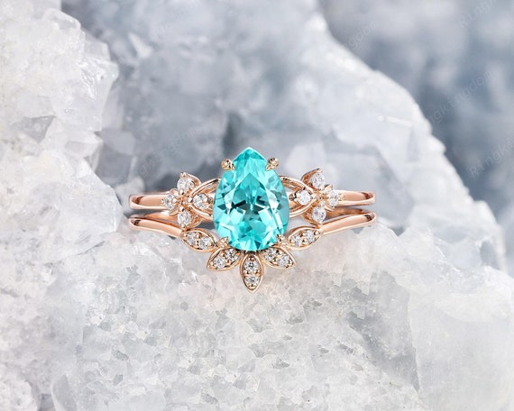 Pear Cut Mint Blue Paraiba Tourmaline Bridal Set 14K Rose  display picture 1