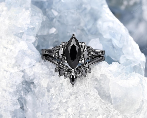 Gothic Marquise Black Moissanite Bridal Set, Rhodium Black Gold